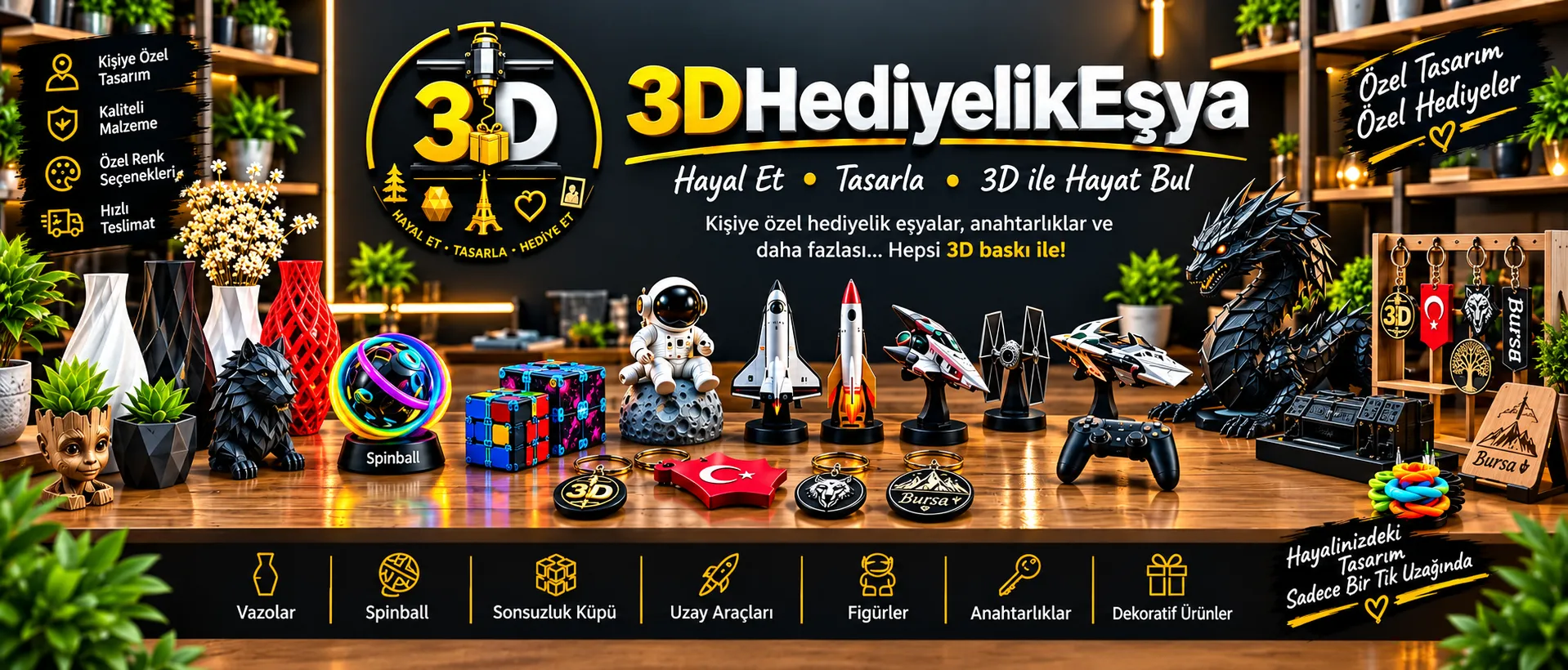 3D Hediyelik Eşya tanıtım bannerı, kişiye özel 3D baskı ürünleri